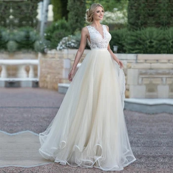 2021 Kolsuz O Boyun düğün elbisesi Aplike Dantel gelinlikler düğün elbisesi es Kat Uzunluk Vestido de Noiva Geri Düğmesi