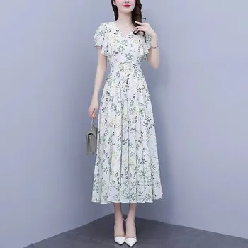 Şifon Çiçek Elbise kadın 2022 Yaz Yeni Zarif Kentsel Elbise V Yaka Kısa Kollu Bel Salıncak Maxi Elbise
