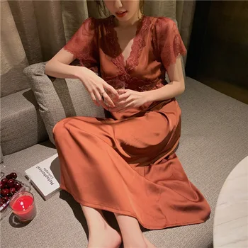 V Yaka Uyku Elbise Dantel Saten Gecelik Kısa Kollu Kimono Sabahlık Uzun Samimi İç Çamaşırı Yaz Pijama Gecelik