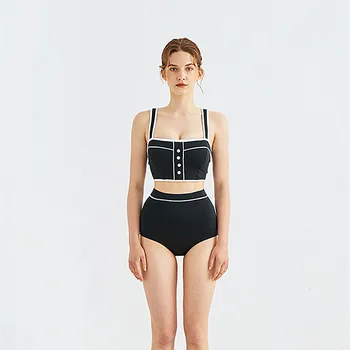 Bikini 2021 Kadın Yüksek Bel Bikini Vintage Zarif Kapalı Omuz Çizgili Düğme İki parçalı kadın Mayo Maiô Feminino