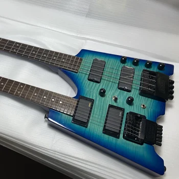 24 Frets Çift boyunlu Başsız Elektrik gitar Alevli Akçaağaç üst Mavi patlama Renk STOKTA Hızlı Kargo