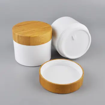 Boş vücut tereyağı kabı 10/30/50/100 / 250g beyaz PP plastik bambu kapaklı krem kavanozlar Bambu kozmetik ambalajında OEM Baskı logosu