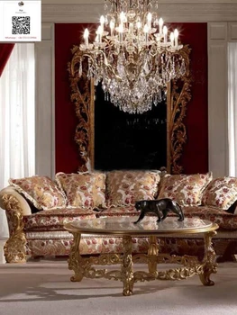 Yüksek Kaliteli Ismarlama Avrupa Kanepe, katı ahşap Kumaş, Ahşap Oyma çay masası, Lüks Fransız Saray Villa Mobilya