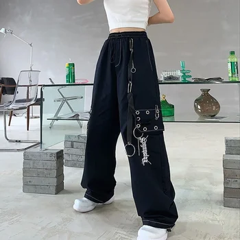 Kadın Hippi Harajuku Punk Kadın Gotik Zincir Beyaz Gevşek Geniş bacak Pantolon Sokak Stili Gotik Siyah İşlemeli Tulum