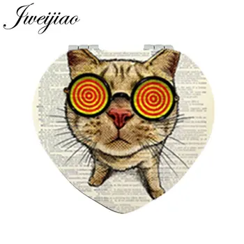 JWEIJIAO Vintage Gözlük Kedi Kalp Cep Aynası PU Deri Mini Kompakt Katlanır 1x / 2x Büyüteç makyaj aynası Güzellik için