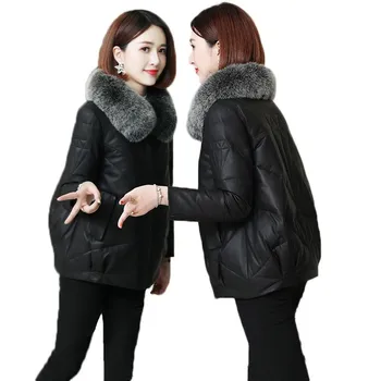 Kış Kadın Deri Ceket Yeni Moda Faux Kürk Yaka Kısa Ceket Thicke Sıcak Aşağı Pamuk Ceketler Kadın PU Deri Mont 4XL