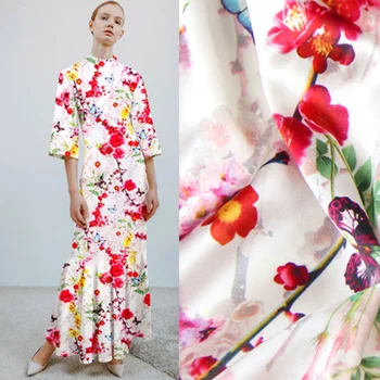 Yüksek Kalite 2021 Yeni Moda Yaz Resmi Elbise Pembe Erik Çiçekleri Dijital Baskılı Kumaş Süper Ağır Sıkı Gerçek İpek Kumaş