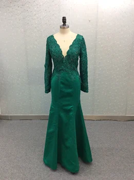 Uzun Kollu V Yaka Mermaid Yeşil Dantel Abiye Saten Kat Uzunluk Fermuar Geri Örgün Parti Elbiseler Kadınlar için