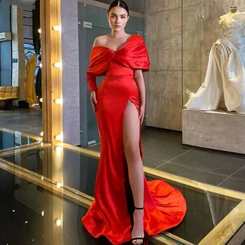 Moda Uzun Kollu Abiye Kırmızı Mermaid 2022 Seksi V Yaka Uzun Balo Elbise Yüksek Yarık Backless Saten Resmi Elbiseler De Soirée