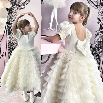 Katmanlı Kız Prenses Elbise saten kurdele Kız Doğum Günü Topu Gownİvory Backless İlk Communion Dressesrobe de princesse fille