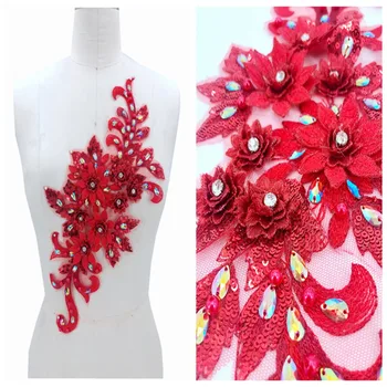 el yapımı kırmızı rhinestones dantel aplike başarmak on trim yamalar elbise DIY aksesuarları için 38*16 cm