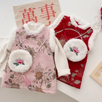 1-6Y Kız Cheongsam Elbiseler Kış Kalınlaşmış Sıcak Nakış Elbise Chineses Geleneksel Bebek Kız Kırmızı Yeni Yıl Giysileri