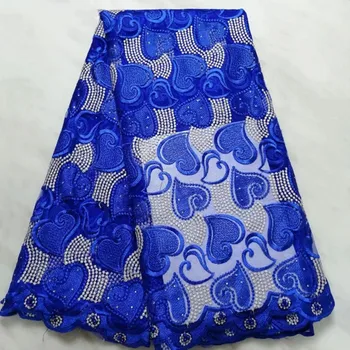 5 Yards / pc Sıcak satış kraliyet mavi fransız net dantel kalp desen nakış taş ile afrika örgü dantel kumaş elbise için BN128-8