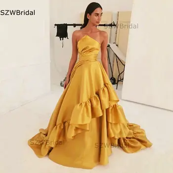 Yeni Varış Saten Dubai Arapça akşam elbise 2023 Altın Sarı A-Line resmi elbiseler kadın Parti Gece vestidos de fiesta kıyafeti