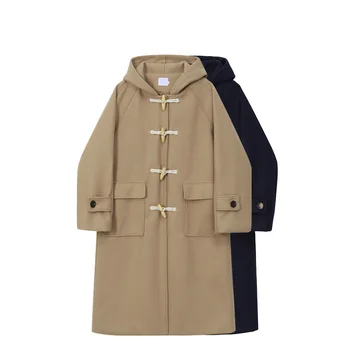 Uzun Kadın Kapüşonlu Ceket Kore Tiki Tarzı Retro Çok Yönlü Rüzgarlık Rahat Sıcak Yün Sonbahar Kış Kadın Ceket