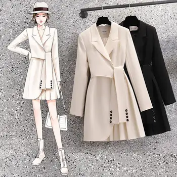 Moda Kadın Trençkot Elbise 2022 Yeni Bahar Sonbahar Rüzgarlık Ceket Kadın Siyah Kremsi Beyaz Kemer Blazer Vintage 4XL