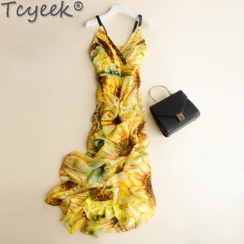 100 % İpek Sundress Sarı Boho Kadınlar için Yaz Vestidos Maxi Plaj es Çiçek Baskı Kayma Elbise Robe Femme été