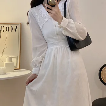 Elbiseler Kadınlar için 2022 Elegantes Kadın Giyim Şifon Beyaz Uzun Kollu Üst Dantel Ekleme V Yaka Fener Kollu Tatlı Katı