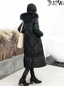 ceket aşağı kadın kapşonlu kış tilki kürk yaka uzun ceket kadın 90 % beyaz ördek aşağı ceketler parkas KJ5270