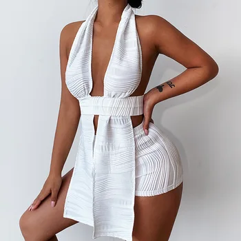 Kadın Yaz 2 Parça Setleri Seksi Beyaz Kolsuz Derin V Yaka Halter Bandaj Kırpılmış Üst şort takımı Plaj Takım Elbise Kıyafetler Tranksuit