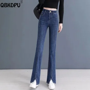 Kore Moda Bölünmüş Flare Kot Kadın Yüksek Bel Sıska Vaqueros Ince Tasarım Çan Dipleri Jean Pantolon Ayak Bileği Denim Pantolon