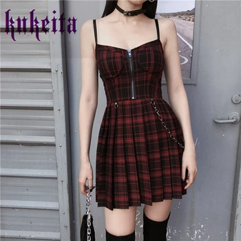 Gotik Kızlar Ekose Yüksek Bel Pilili Elbise Y2k Harajuku Kadın Robe Femme Punk Rock Streetwear Yaz Spagetti Kayışı Mini Elbise