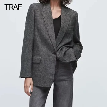 TRAF Siyah Tüvit Blazer Kadın Ofis Blazer Kadın Rahat Kruvaze Ceketler Kadınlar İçin Uzun Kollu Palto Kadın Kış 2022