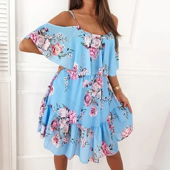Seksi Spagetti Kayışı Kadın Elbise Yaz Çiçek Baskı Kapalı Omuz Sundress Zarif Şifon A-Line Plaj Boho Elbiseler 2023