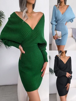 Siyah Uzun Kollu Örme Mini Elbise 2022 Sonbahar Kadınlar Seksi Backless Derin V Yaka Batwing Kollu Kazak Elbise Bayan Sıkı Elbiseler