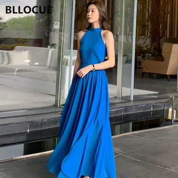 BLLOCUE Pist Mavi Asılı Boyun şifon elbise 2020 Yeni Yaz Kore Sahil Tatil Seksi Backless Plaj Uzun Tatlı Elbise