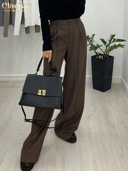 Clacive Rahat Gevşek Kahverengi kadın pantolonları 2023 Moda Yüksek Bel Tam Boy Pantolon Zarif Düz Pantolon Kadın Giyim