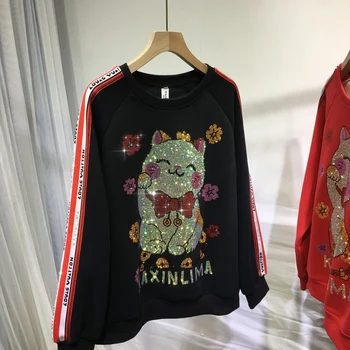 Bling Bling Karikatür Kedi Sıcak Sondaj Uzun Kollu Kazak Üst 2022 Yeni Sonbahar Kış Tüm Maç Gevşek Pamuklu Kazak Streetwear