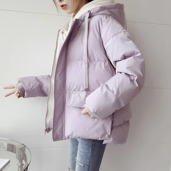 Yeni Kış kadın Aşağı pamuklu ceket Rahat Gevşek Kalın Sıcak Kapşonlu Parkas Kadın Düz Renk Kısa Yastıklı Pamuklu Ceket
