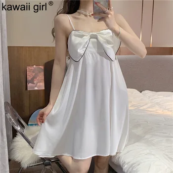 Kawaii Kız İlmek Askı Pijama Elbise 2022 Yaz Yeni Seksi İnce Mini Gecelik Kadın Tatlı Sevimli Şifon Kısa Elbiseler
