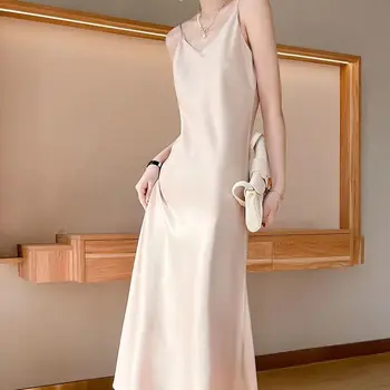 Saf İpek Elbise kadın Saten Askı uzun elbise Kadın Kolsuz İpek Slim Fit V Yaka A-Line gece elbisesi Elbiseler vestidos G23
