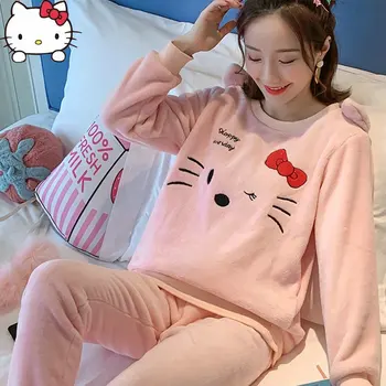 2023 Kawaii Sanrio Hello Kitty Yeni Kore Sonbahar Kawaii İki Parçalı Pijama Yumuşak Ev Giyim Giden Kız noel hediyesi Elbise