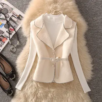 Kore Takım Elbise Orta Uzunlukta V Yaka Yelek Ceket Kadın Zarif Kemer Yün Yelek + örgü Sıcak Kazak Yarım Yüksek Yaka Seti R71