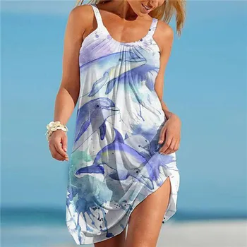 Kadın Elbise Kelebek Çiçek Yunus Baskı Mini Elbiseler Kolsuz Yaz Plaj Halter Boyun gündelik elbise Seksi Giyim YMDR051