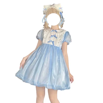 Yaz Lolita Sevimli Tül Elbise Gençler Japon Yumuşak Kız Giysileri Tatlı Mavi Kısa Kollu Prenses Örgü Hizmetçi Anime Cosplay Kostüm