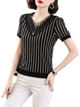 4XL Kadın İlkbahar Yaz Bluz Gömlek Bayan Moda Rahat Kısa Kollu V Yaka Yaka Çizgili Dantel Blusas Tops CT0294