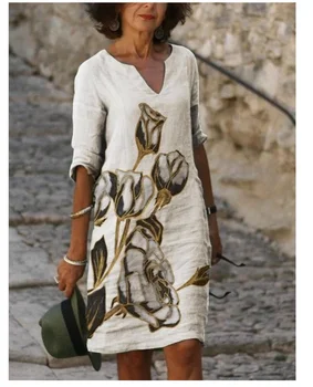 2021 Yeni Kadın Baskı Elbise Yaz V Yaka Yarım Kollu A-Line Elbiseler Kadın Retro litera Vintage Gevşek Elbise Vestidos
