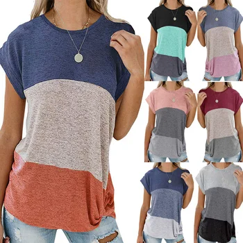2021 Amazon Bükülmüş Kısa Kollu Üst Rahat Yarasa Kollu Yuvarlak Boyun Gevşek Renk Blok T-shirt