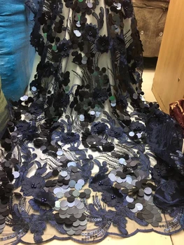 Mavi Nijeryalı Dantel Kumaş Düğün, 3D Çiçek Dantel boncuklu kumaş, Son Payetli Dantel Kumaş yüksek kaliteli dantel FJ28201