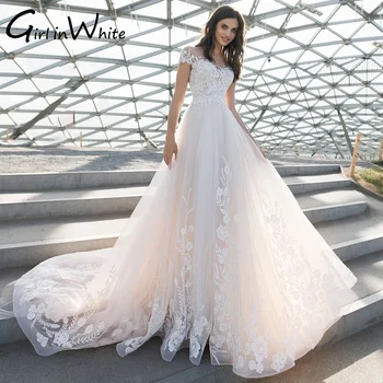 Zarif Dantel Aplikler düğün elbisesi Bir Çizgi Süpürgelik Cap Kollu gelinlik Mahkemesi Tren Düğmesi Geri Elbise vestidos de novia