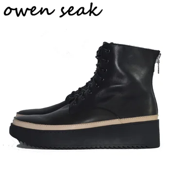 Owen Seak erkek ayakkabısı Hakiki Deri Zip Ayak Bileği Yükseltmek Lüks Eğitmenler Kış Kar Botları Rahat Dantel-up Flats Siyah Sneaker