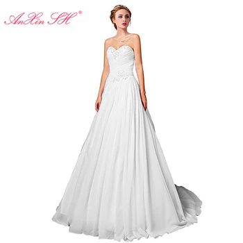 AnXin SH prenses beyaz çiçek dantel düğün elbisesi vintage straplez boncuk kristal bir çizgi lace up gelin tren düğün elbisesi