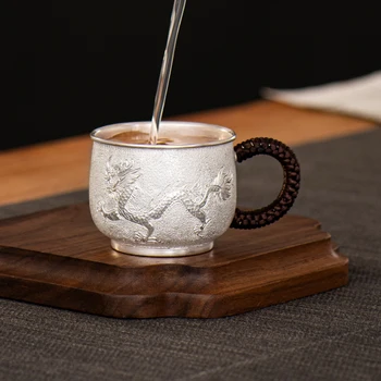 Gümüş bardak 999 ayar gümüş çay bardağı Çin büyük ejderha şakayık çay bardağı saf el yapımı ana bardak 105ml