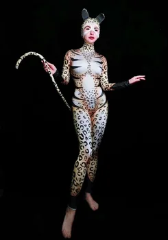 Kedi Leopar Desen Hayvanlar Rol Performansı Tulumlar Şapkalar Kadınlar Cadılar Bayramı Cosplay Kostüm Bar Parti Elastik Sahne Giyim