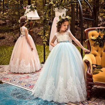 Kabarık Kız Prenses Elbise Dantel Çiçek Kız Elbise Düğün İçin Kız Elbise Kolsuz Çocuk Elbise İlk Communion Elbise