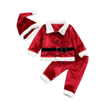 Noel Bebek Kız Erkek Giysileri Setleri 3 adet Moda Noel Baba Uzun Kollu Hırka Ceket + Pantolon + Şapka